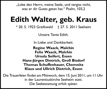 Traueranzeige von Edith Walter von Echo-Zeitungen (Gesamtausgabe)