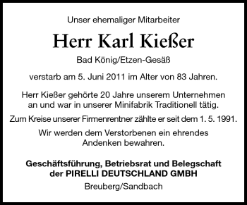 Traueranzeige von Karl Kießer von Odenwälder Echo