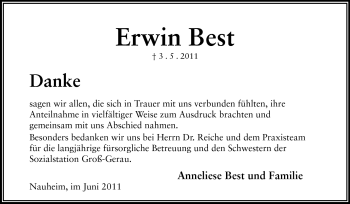 Traueranzeige von Erwin Best von Rüsselsheimer Echo, Groß-Gerauer-Echo, Ried Echo