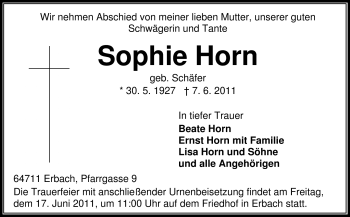 Traueranzeige von Sophie Horn von Odenwälder Echo