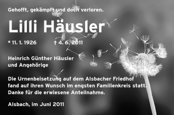 Traueranzeige von Lilli Häusler von Darmstädter Echo, Odenwälder Echo, Rüsselsheimer Echo, Groß-Gerauer-Echo, Ried Echo