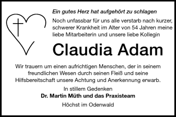 Traueranzeige von Claudia Adam von Odenwälder Echo