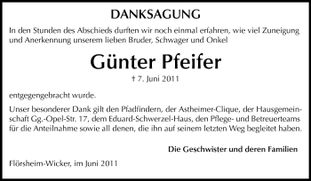 Traueranzeige von Günter Pfeifer von Rüsselsheimer Echo, Groß-Gerauer-Echo, Ried Echo