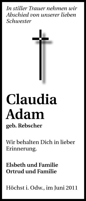 Traueranzeige von Claudia Adam von Odenwälder Echo