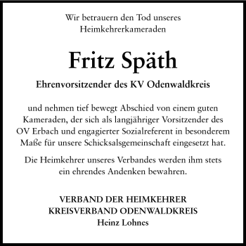 Traueranzeige von Fritz Späth von Odenwälder Echo