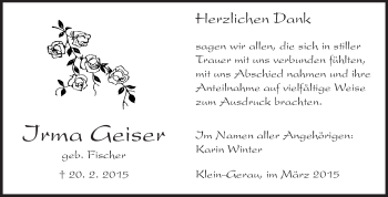 Traueranzeige von Irma Geiser von Rüsselsheimer Echo, Groß-Gerauer-Echo, Ried Echo