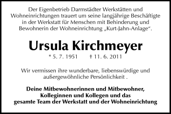 Traueranzeige von Ursula Kirchmeyer von Darmstädter Echo, Odenwälder Echo, Rüsselsheimer Echo, Groß-Gerauer-Echo, Ried Echo