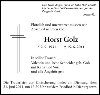 Traueranzeige von Horst Golz von Darmstädter Echo, Odenwälder Echo, Rüsselsheimer Echo, Groß-Gerauer-Echo, Ried Echo