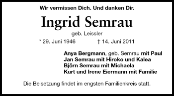 Traueranzeige von Ingrid Semrau von Echo-Zeitungen (Gesamtausgabe)