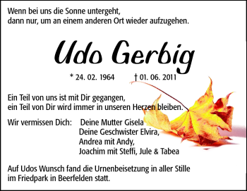 Traueranzeige von Udo Gerbig von Odenwälder Echo