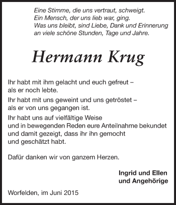 Traueranzeige von Hermann Krug von Echo-Zeitungen (Gesamtausgabe)