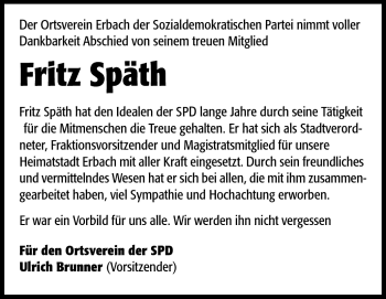 Traueranzeige von Fritz Späth von Odenwälder Echo