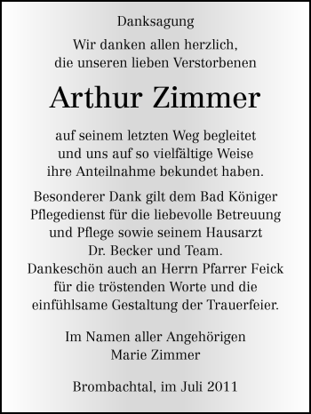 Traueranzeige von Arthur Zimmer  von Odenwälder Echo