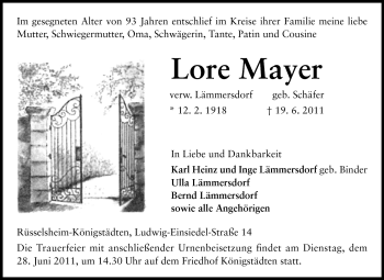 Traueranzeige von Lore Mayer von Rüsselsheimer Echo, Groß-Gerauer-Echo, Ried Echo