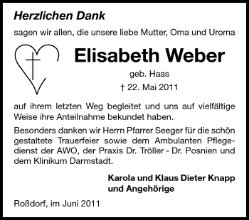 Traueranzeige von Elisabeth Weber von Echo-Zeitungen (Gesamtausgabe)