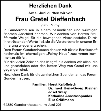 Traueranzeige von Gretel Dieffenbach von Echo-Zeitungen (Gesamtausgabe)