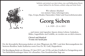 Traueranzeige von Georg Sieben von Echo-Zeitungen (Gesamtausgabe)