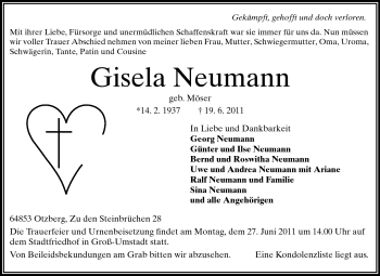Traueranzeige von Gisela Neumann von Darmstädter Echo, Odenwälder Echo, Rüsselsheimer Echo, Groß-Gerauer-Echo, Ried Echo