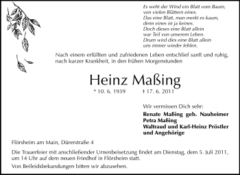 Traueranzeige von Heinz Maßing von Rüsselsheimer Echo, Groß-Gerauer-Echo, Ried Echo