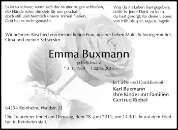 Traueranzeige von Emma Buxmann von Darmstädter Echo, Odenwälder Echo, Rüsselsheimer Echo, Groß-Gerauer-Echo, Ried Echo