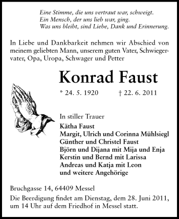 Traueranzeige von Konrad Faust von Darmstädter Echo, Odenwälder Echo, Rüsselsheimer Echo, Groß-Gerauer-Echo, Ried Echo