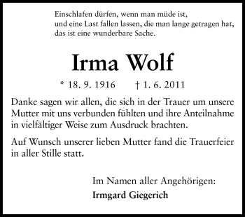 Traueranzeige von Irma Wolf von Odenwälder Echo