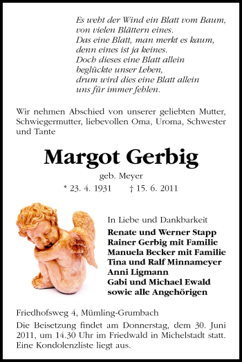 Traueranzeige von Margot Gerbig von Odenwälder Echo