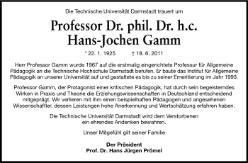 Traueranzeige von Hans-Jochen Gamm von Echo-Zeitungen (Gesamtausgabe)