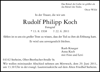 Traueranzeige von Rudlof Philipp Koch von Darmstädter Echo, Odenwälder Echo, Rüsselsheimer Echo, Groß-Gerauer-Echo, Ried Echo