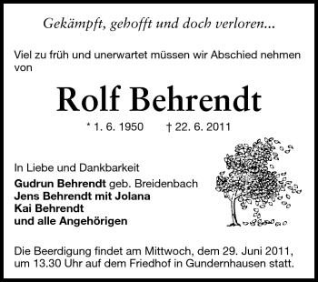 Traueranzeige von Rolf Behrendt von Echo-Zeitungen (Gesamtausgabe)