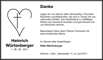 Traueranzeige von Heinrich Würtenberger von Odenwälder Echo