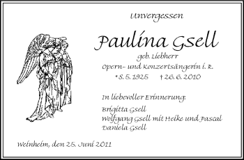 Traueranzeige von Paulina Gsell von Starkenburger Echo