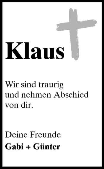 Traueranzeige von Klaus - von Rüsselsheimer Echo, Groß-Gerauer-Echo, Ried Echo