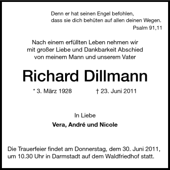 Traueranzeige von Richard Dillmann von Darmstädter Echo, Odenwälder Echo, Rüsselsheimer Echo, Groß-Gerauer-Echo, Ried Echo