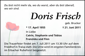 Traueranzeige von Doris Frisch von Echo-Zeitungen (Gesamtausgabe)