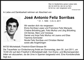Traueranzeige von Jose Antonio Feliz Sorribas von Odenwälder Echo