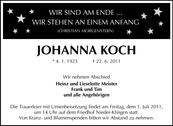 Traueranzeige von Johanna Koch von Echo-Zeitungen (Gesamtausgabe)