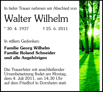 Traueranzeige von Walter Wilhelm von Rüsselsheimer Echo, Groß-Gerauer-Echo, Ried Echo