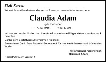 Traueranzeige von Claudia Adam von Odenwälder Echo