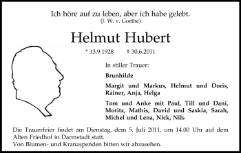 Traueranzeige von Helmut Hubert von Echo-Zeitungen (Gesamtausgabe)