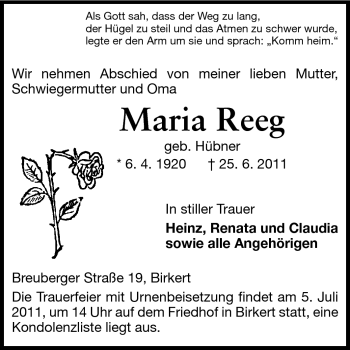 Traueranzeige von Maria Reeg von Odenwälder Echo