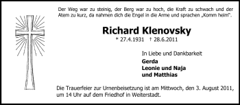Traueranzeige von Richard Klenovsky von Darmstädter Echo, Odenwälder Echo, Rüsselsheimer Echo, Groß-Gerauer-Echo, Ried Echo
