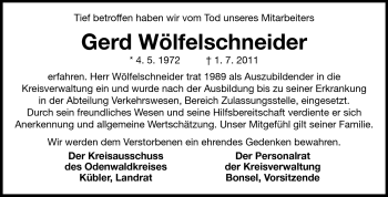 Traueranzeige von Gerd Wölfelschneider von Odenwälder Echo