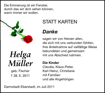 Traueranzeige von Helga Müller von Darmstädter Echo, Odenwälder Echo, Rüsselsheimer Echo, Groß-Gerauer-Echo, Ried Echo