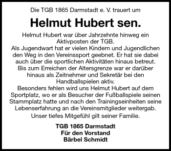 Traueranzeige von Helmut Hubert von Echo-Zeitungen (Gesamtausgabe)