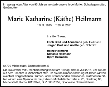 Traueranzeige von Katharine Heilmann von Odenwälder Echo
