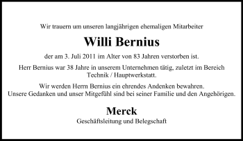 Traueranzeige von Willi Bernius von Echo-Zeitungen (Gesamtausgabe)