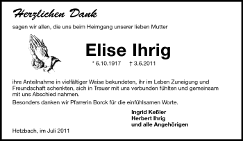 Traueranzeige von Elise Ihrig von Odenwälder Echo