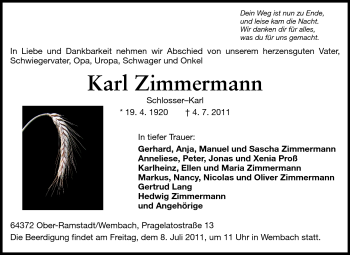 Traueranzeige von Karl Zimmermann von Echo-Zeitungen (Gesamtausgabe)