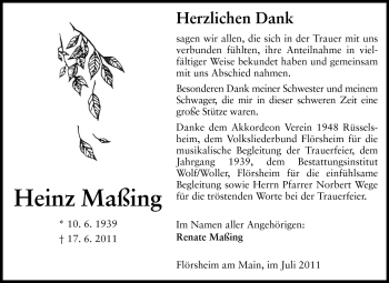 Traueranzeige von Heinz Maßing von Rüsselsheimer Echo, Groß-Gerauer-Echo, Ried Echo